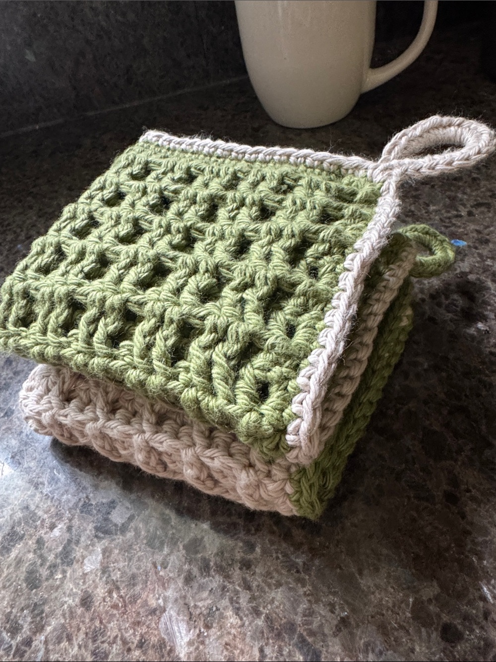 Handmade Crochet Dishcloth Set - Home Accents - Sage Green & Cream - 100% Cotton